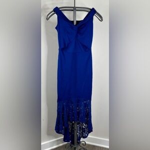 Venus Blue V-Neck Midi Lace Flounce Dress Size 4